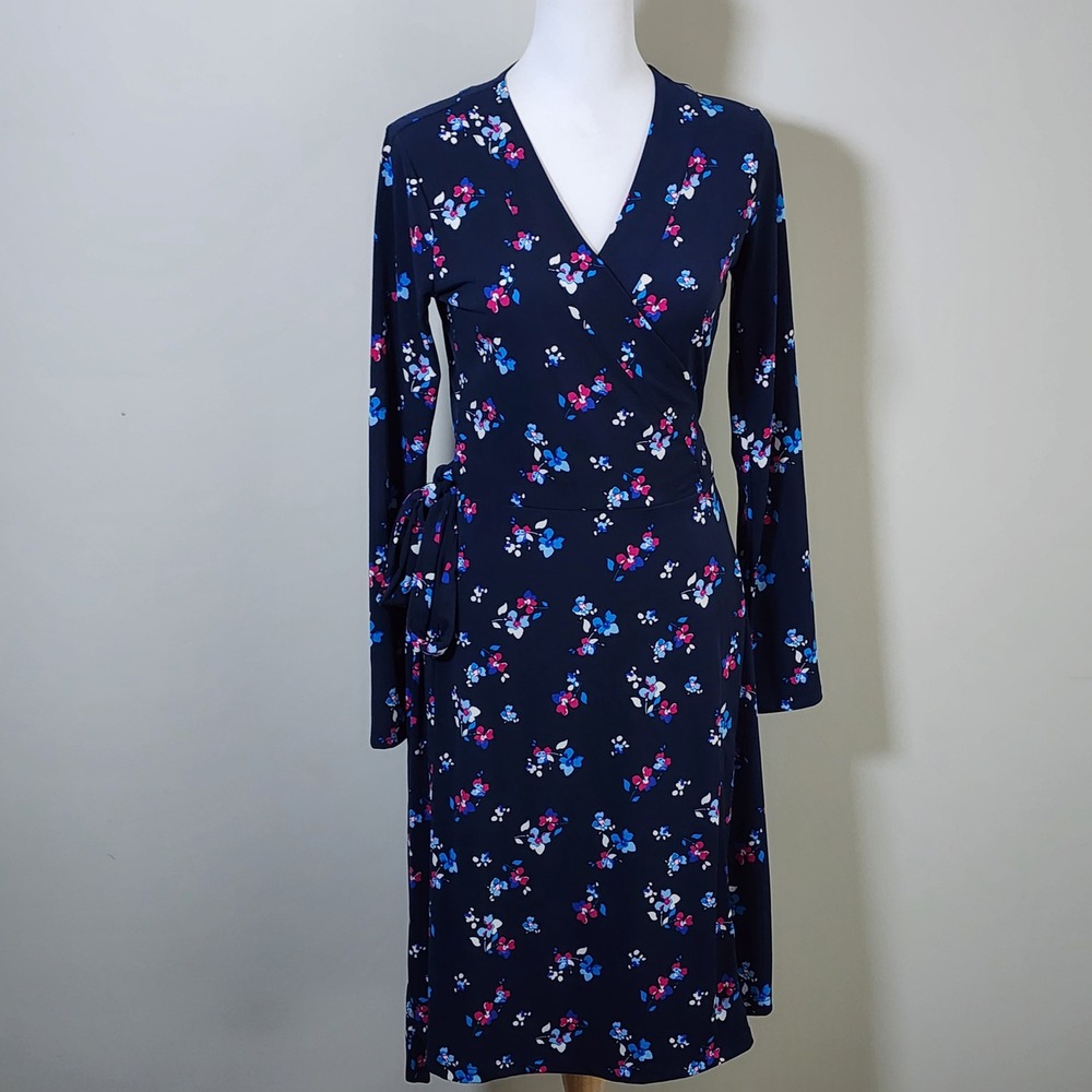 Banana Republic Wrap Dress Womens Small Navy Floral Mini Elegant Modest Office